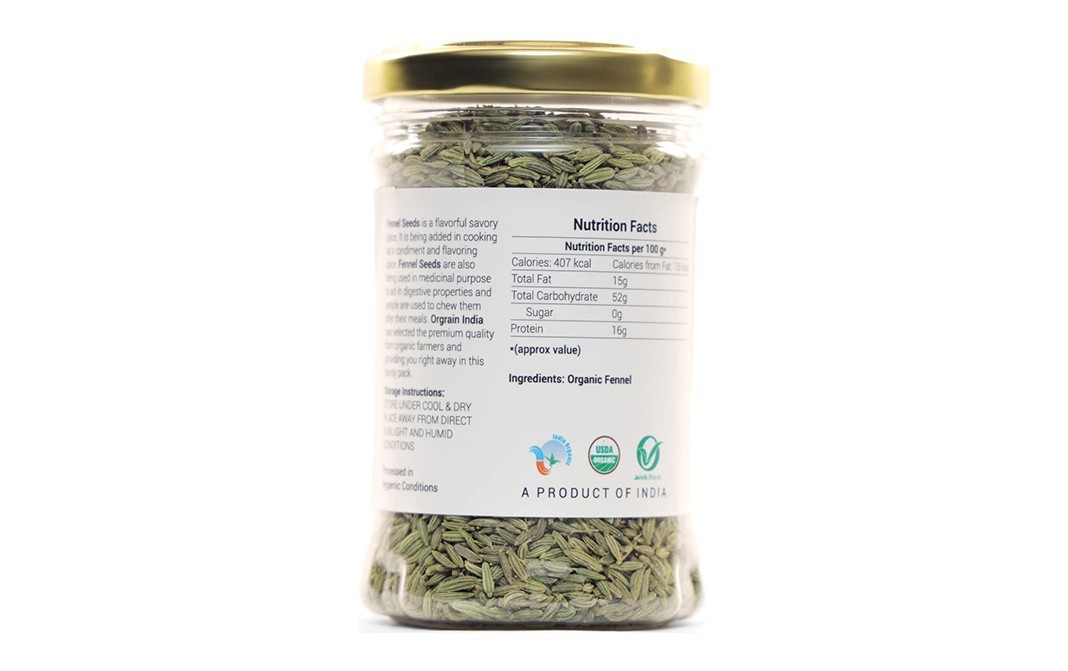 Orgrain India Organic Fennel Seeds    Glass Jar  120 grams